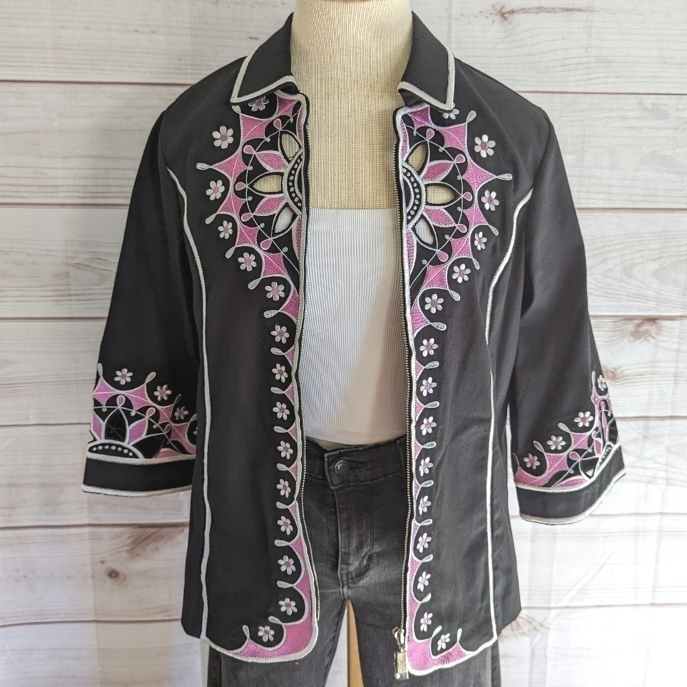 Bob Mackie Vintage Embroidered Cut Out Jacket in Black Pink and White Size Small - Picture 12 of 13